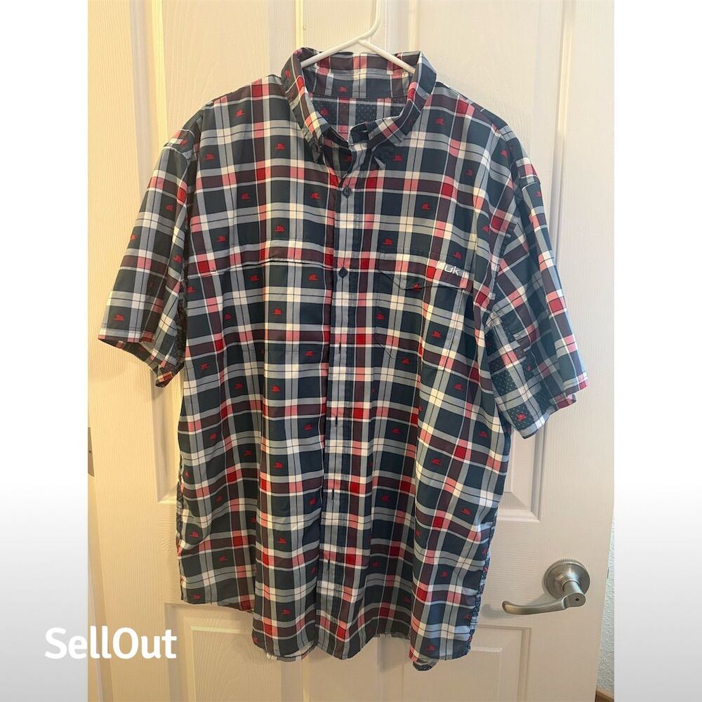 HUK Men's 2XL Plaid Navy Short Sleeve Button-Up Shirt Multicolor Casual